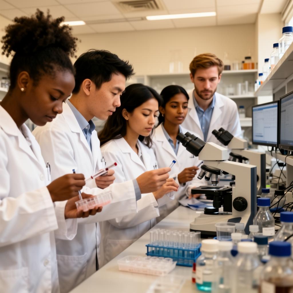 Multicultural team of scientists collaborating in a pharmaceutical research lab